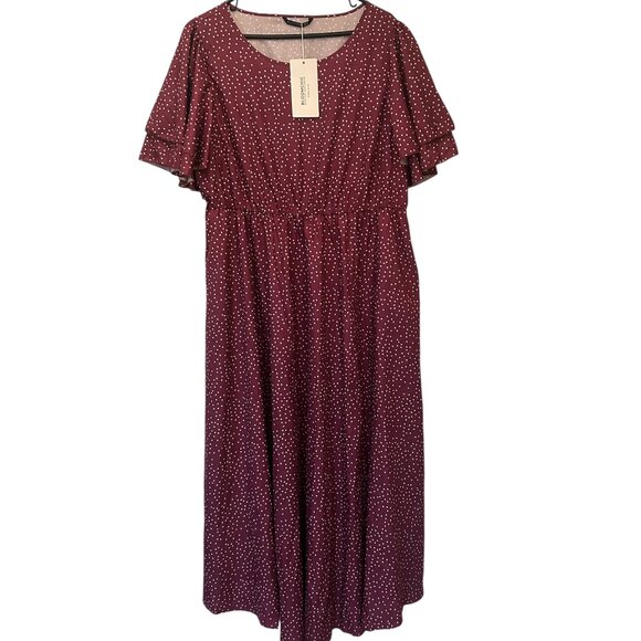 NWT Bloomchic Purple Polkadot Maxi Dress with Double Flutter Sleeves sz 18-20 - Picture 1 of 13